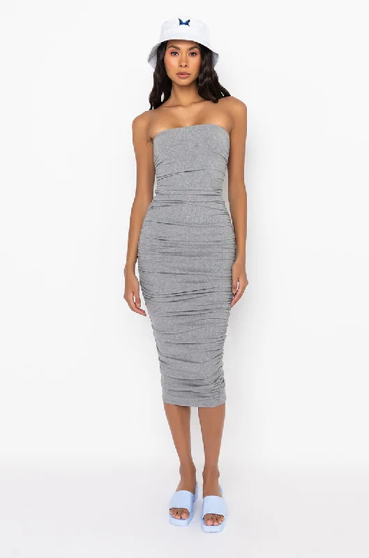 CAN'T GET ENOUGH EXTRA RUCHED MIDI DRESS HEATHER GREY