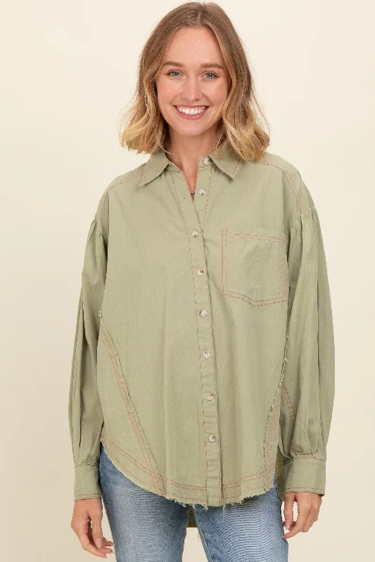 Light Olive Contrast Stitch Button Up Collared Long Sleeve Top