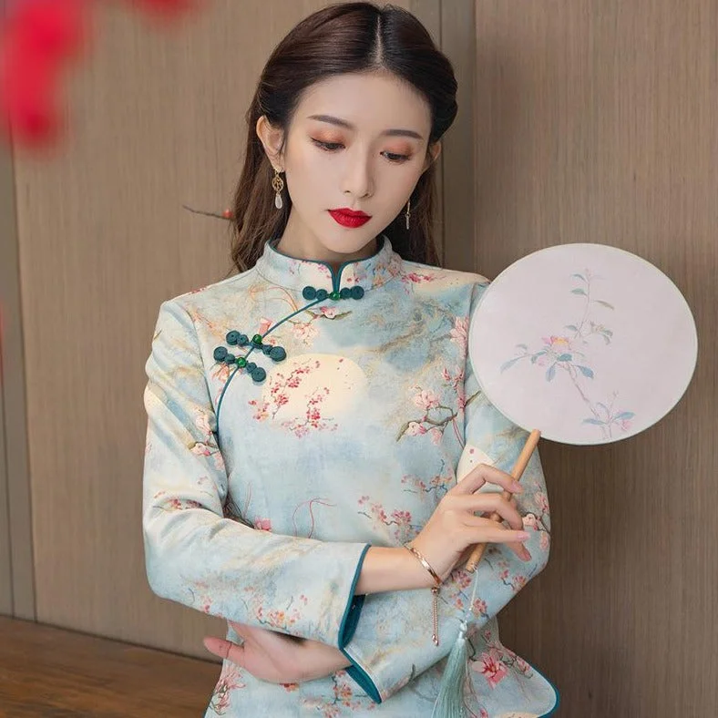 Thick Floral Suede Cheongsam Top Retro Chinese Jacket