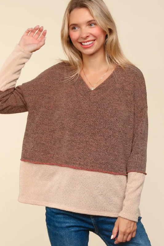 Sienna V Neck Two Tone Jacquard Sweater Knit Top