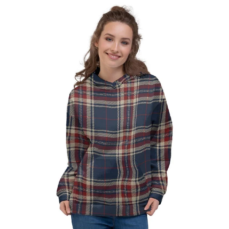 Beige Red And Blue Plaid Tartan Women's Hoodie