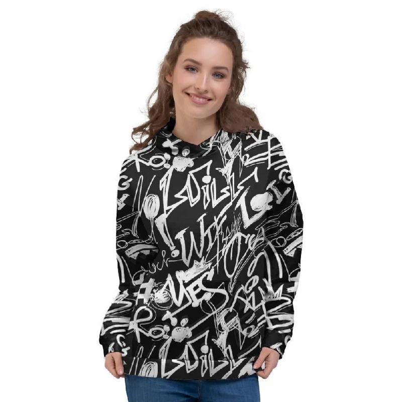 Black And White Graffiti Doodle Text Print Women's Hoodie