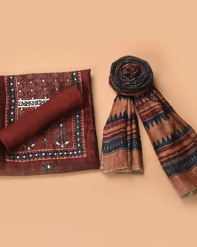 Maroon Silk Blend Printed With Embroidery Unstitched Suit Fabric Set With Silk Blend Dupatta