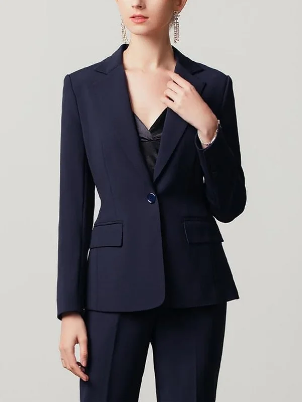 Navy Blue 2 Piece Solid Color Notch Lapel Single Buttons Slim Fit Women's Suit (Blazer+Pants)