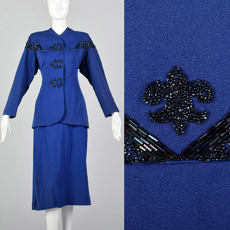 Small 1940s Royal Blue Beaded Skirt Suit